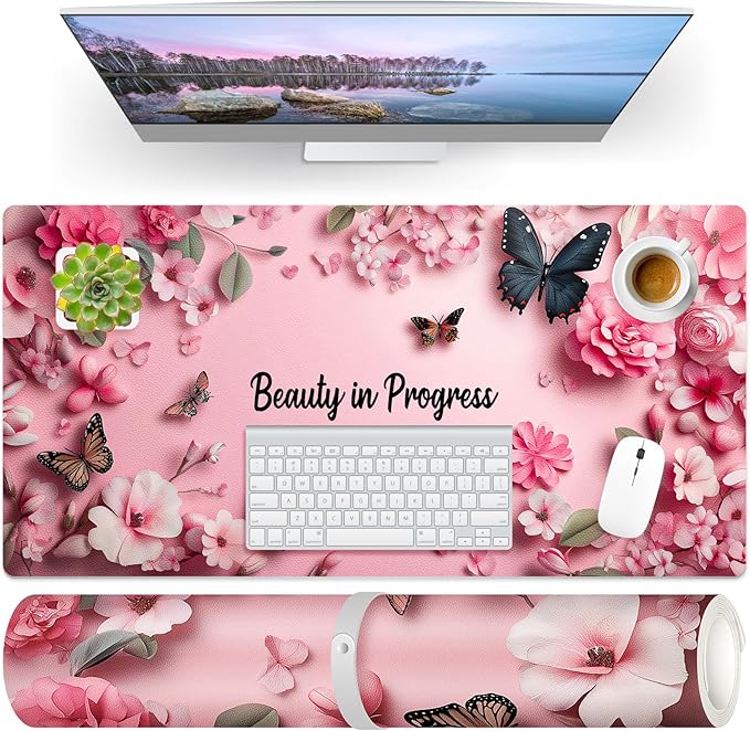 PU Leather Desk Mat Blotter,Cute Pink Desk Mat for Office, Home,School,Keyboard,Mouse,15.7"x31.5" Large Non-Slip Writing Mat with Travel Storage Strap, Waterproof Easy to Clean (Pink Butterfly)