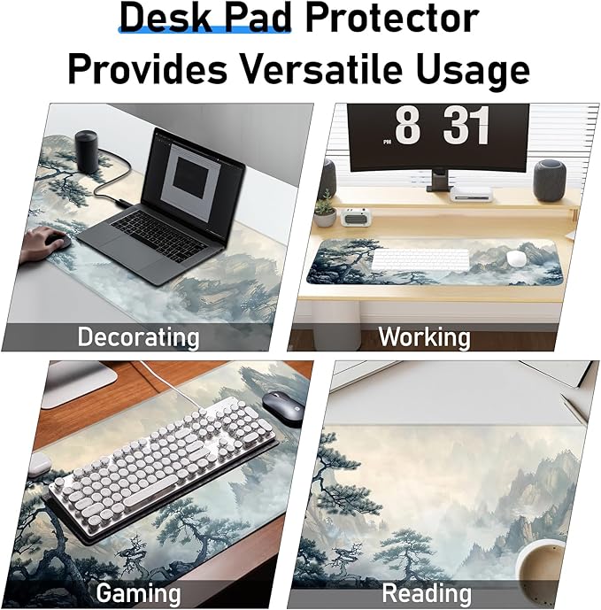 Gaming Mouse Pad, Non-Slip Rubber Base, Enlarged Mouse Pad with Stitching for Gaming, Office and Home, 31.5x11.8 Inch, Mountain Ink Painting
