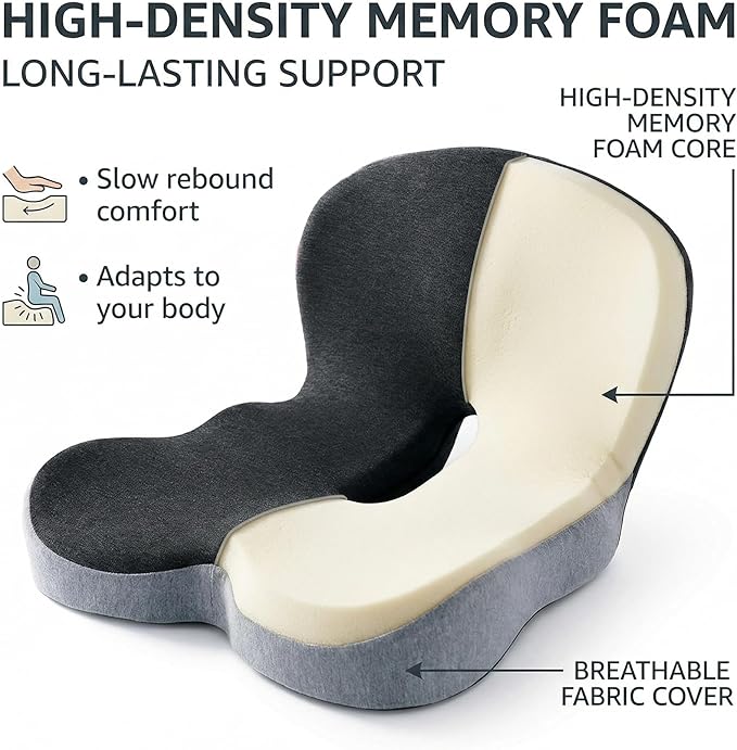 Ergonomic L-Shaped Memory Foam Seat Cushion for Office Chair & Car Seat, Breathable Sitting Pad for Long Sitting Relief, Tailbone & Hip Support Cushion for Driving, Desk Chair, Wheelchair