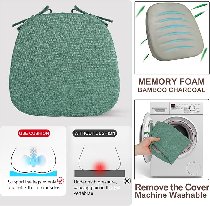 SINOSSO 4 Pack Memory Foam Chair Cushions for Dining Chairs, Friendly Woven Fabric 16" U-Shape Comfortable Kitchen Chair Pads, Removable Slip Resistant Seat Cushions (Set of 4, Green)