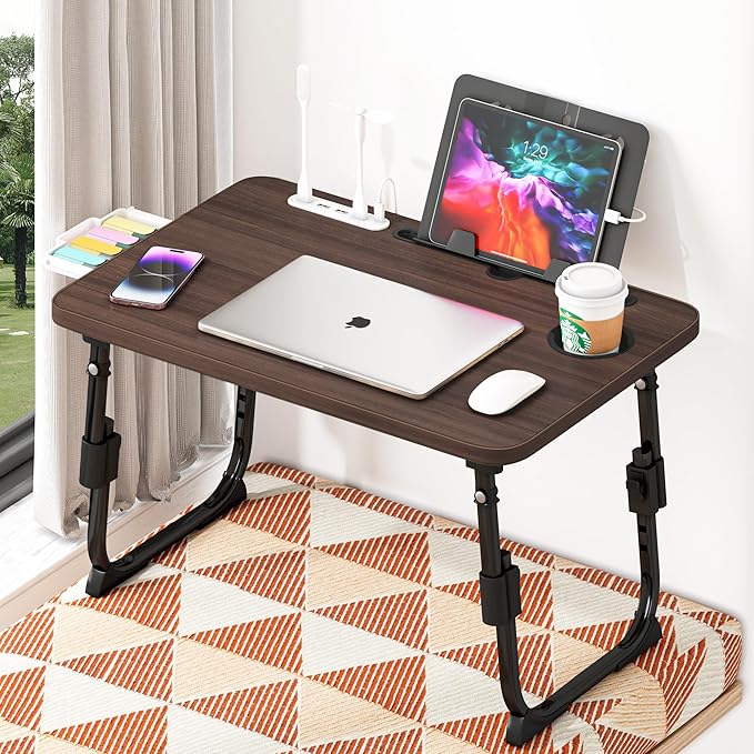 Lap Desk for Bed, Adjustable Laptop Desk with USB Charging Port, Storage Drawer & Bookshelf โ Foldable Bed Desk for WFH & Students, 23.6" Desktop Fits 21" Laptop, Non-Slip, Walnut