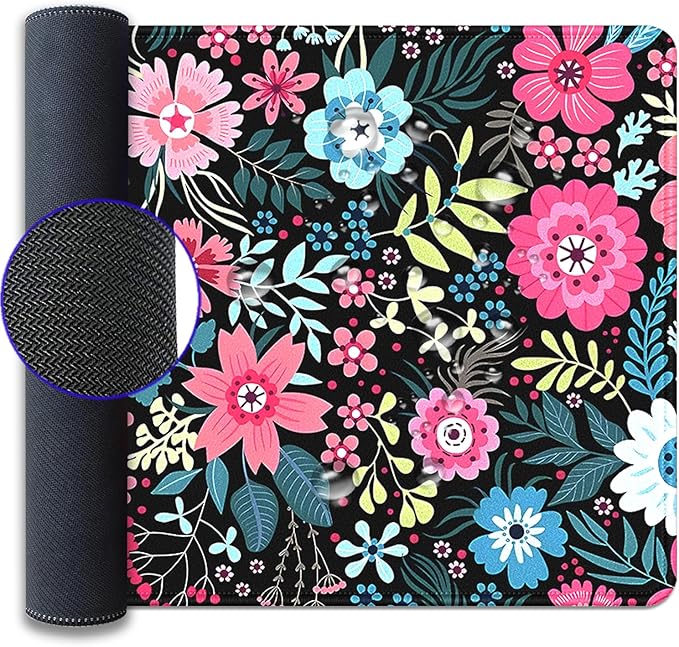 Boho Floral Large Mouse Pad Desk Pad, 27.5x11.8in Pink and Blue Flower Extended Keyboard Mousepad with Stitched Edges, Non-Slip Waterproof Rubber Base for Office, Computer & Laptop
