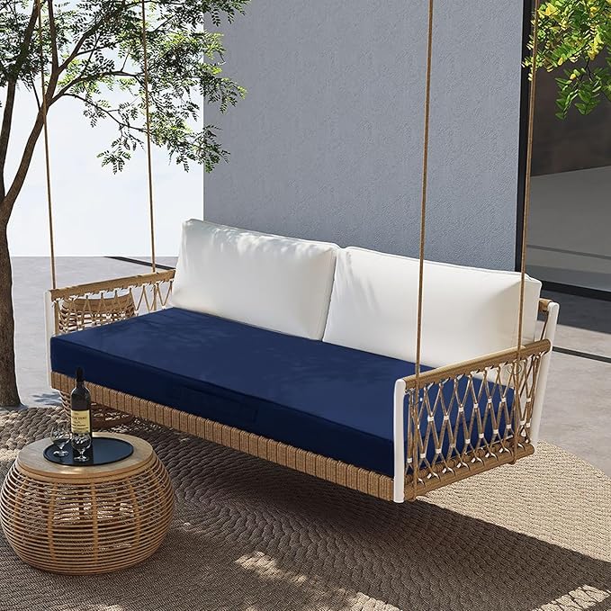 Outdoor Bench Cushion Waterproof with Memory Foam,Patio Bench Cushions for Outdoor/Indoor Furniture Porch Swing Cushion with Handle and Adjustable Strap,Navy Bule,36x18 Inch