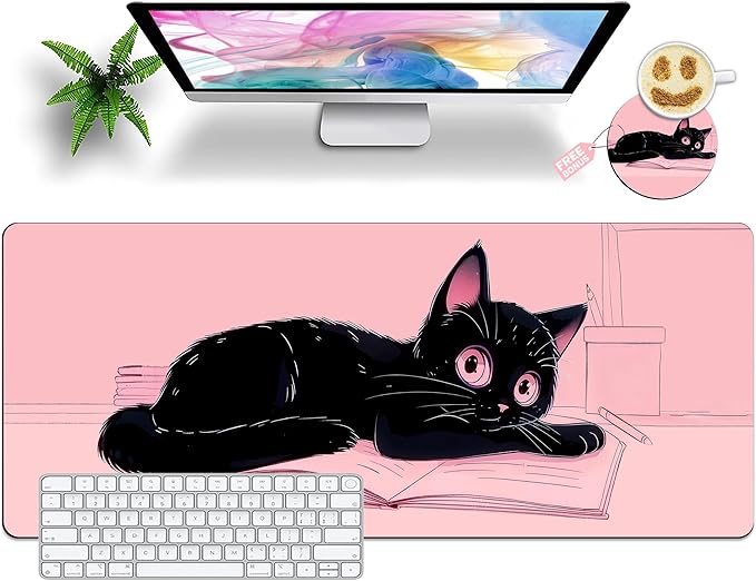 Extended Mouse Pad with Coaster 31.5 x 11.8 Desk Pad Full Desk Mousepad Stitched Edges Desk Mat Long Large Gaming Mouse Pad for Desk Office Home Cat Pink
