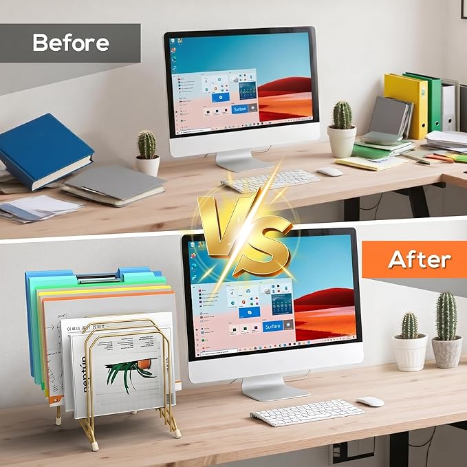 Incline Sorter Desk File Organizer, Metal Desk Magazine Folder Holder with 8-Section Vertical Compartments Rack File Organizer for Office, Home, School (2, Gold)