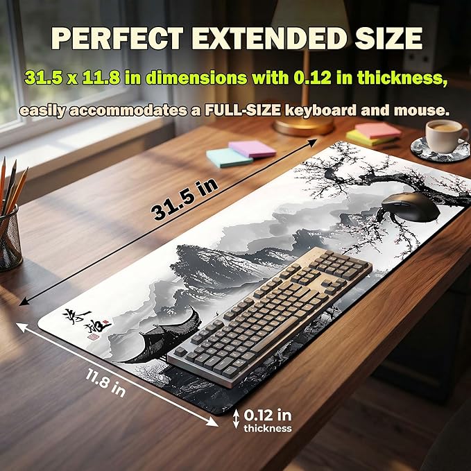 Extended Large Mouse Pad 31.5 x 11.8 Inches Premium Desk Mat Mousepad with Stitched Edges, Waterproof, Non-Slip Rubber Base for Office Home, Includes Coaster–Japanese Cherry Blossom