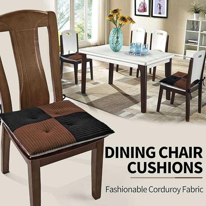 Office Stacking Chair Cushion with Ties, Corduroy High Density Foam Non-Slip Kitchen Seat Cushion, Square 17" x 17" Indoor Dining Chair Pads, Black+ Brown, 1 PCS