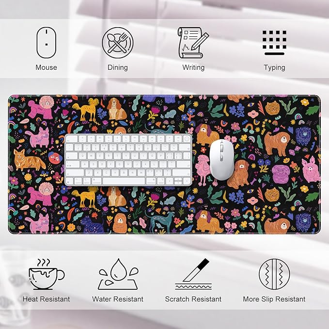 DINKY Desk Mat, Leather Keyboard and Mouse Pad for Desk, Black Office Desk Pad for Girls, Non-Slip Large Gaming Mouse Pads Desk Cover Decor 35.4"x15.7", Cute Dogs