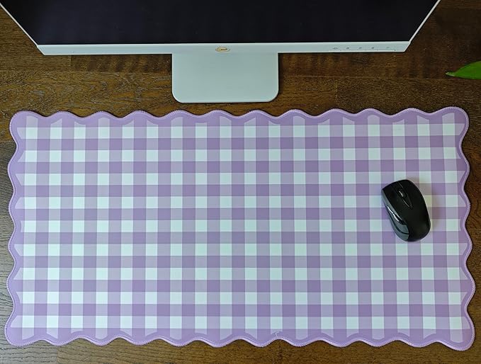 Scalloped Purple Checkered Gingham Desk Mat Cute Pastel Large Mouse Pad Kawaii Cottagecore Vintage Girly Laptop Keyboard Computer Mat Pad Aesthetic Cozy Office Desk Decor for Women