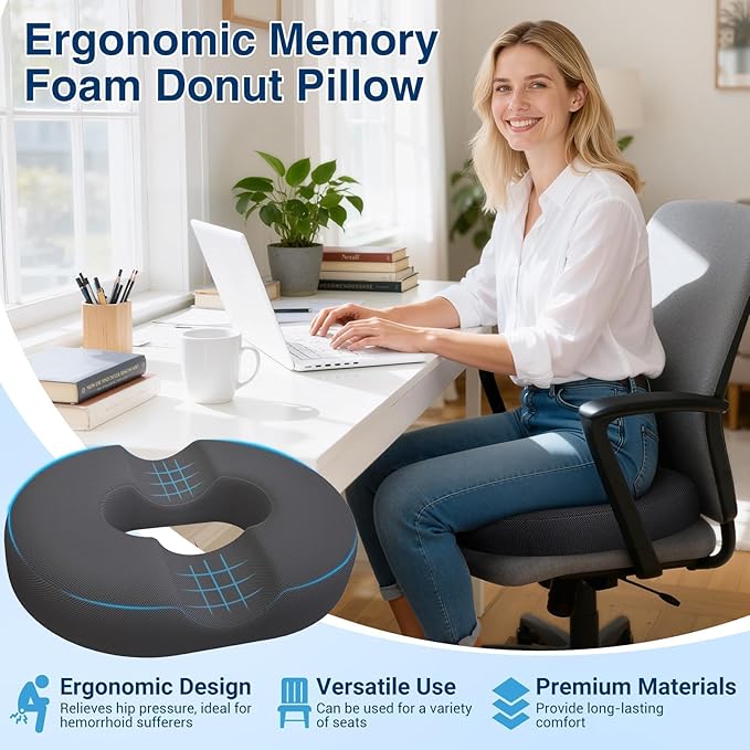 CushZone Donut Pillow for Postpartum Pregnancy - Large Ergonomic Chair Seat Cushions, Office Chair Cushion, Breathable Hemorrhoid Pillow, Lifting Chair Pads for Sitting, After Surgery(Grey, XXL)