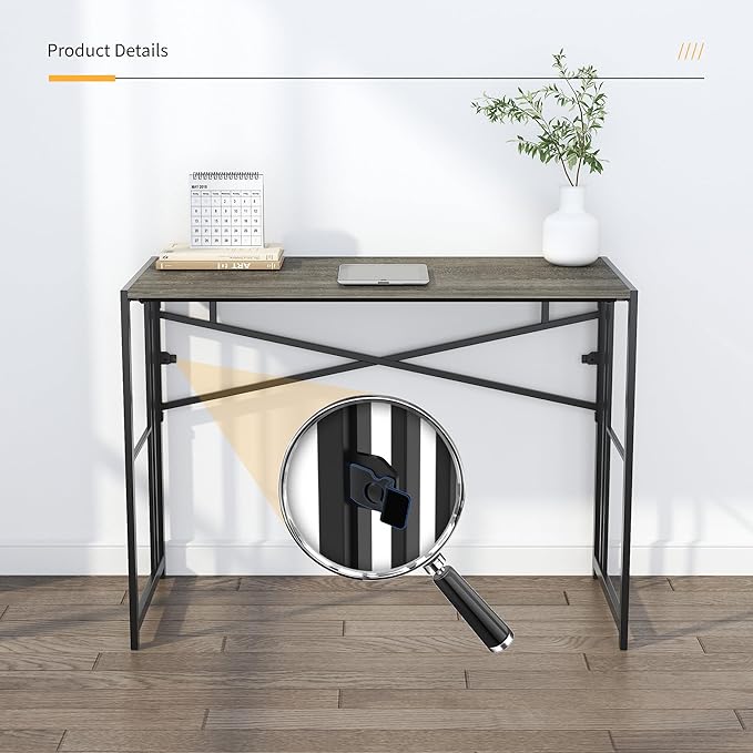 Lutown-Teen 35 inch Narrow Folding Desk, Writing Gaming Computer Camping Desk for Small Spaces, No Assembly Required Home Office Table, Black Oak