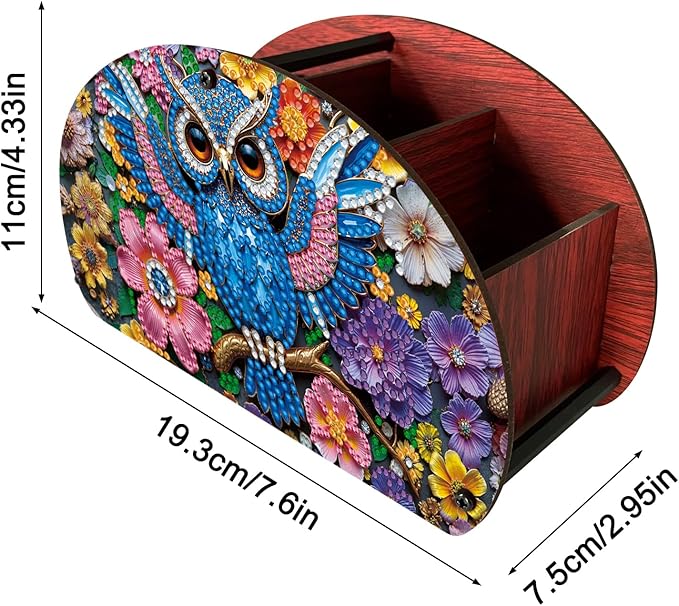 POETRYDRAW DIY Owl Diamond Art Painting Wooden Storage Box – Multi-Grid Moon Fan Makeup Brush Organizer, Double-Sided Drill Tabletop Holder for Women, Office & Home Decoration