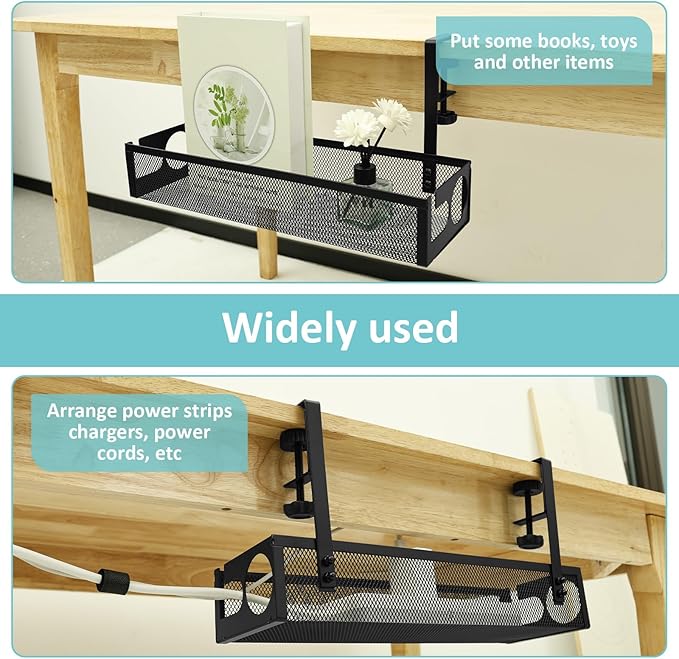 Under Desk Cable Tray, Easy to Install Cable Management Tray, No Drill Under Desk Wire Holder, Space Saving Cord Holder Shelf for Office Home Dormitory(Black)