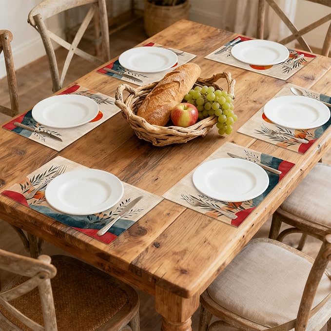 Boho Sunrise Abstract Sun Leaves Placemats Set of 6 Linen Table Mats, 12x18 Inch Washable Placemats for Dining Table, Non Slip Heat Resistant Mats for Kitchen Home Decor