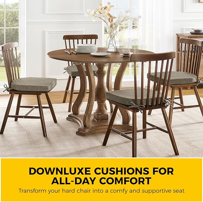 downluxe Indoor Chair Cushions for Dining Chairs, Soft and Comfortable Textured Foam Kitchen Chair Pads with Ties and Non-Slip Backing, 16" x 16" x 2", Khaki, 2 Pack