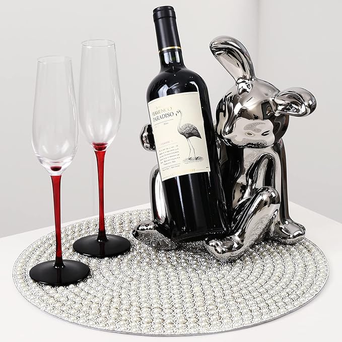 Pearl Round Placemats Set of 4, 15-inch Anti-Slip Tablescapes Decorations Sparkling Bling Rhinestones Silver Placemat for Nightstand Tablecloths Centerpiece Standing T-Lights Candles Vases Mat