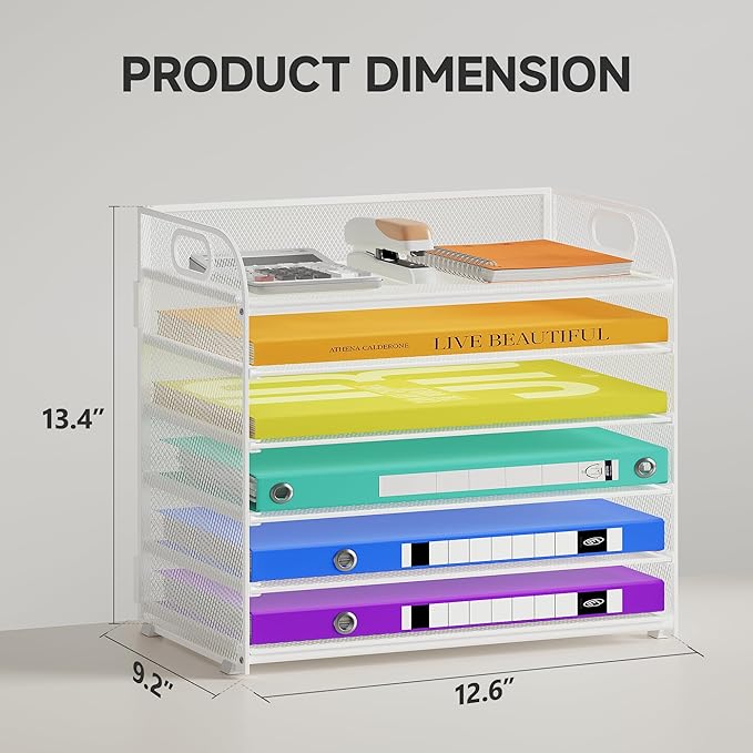 Cawukege 6 Tier Paper Organizer, White Letter Tray with Handle, Mesh Desk Organizer, Metal File Organizer, Office Desk Accessories for Home, Office, Classroom, School