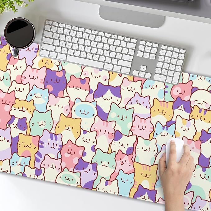 Kawaii Cats Gaming Mouse Pad XL Cute Anime Kittens Japanese Extended Large Desk Mat 31.5”x11.8” Cats Desk Pad for Gamer Non-Slip Rubber Base Stitched Edge Long Keyboard Mousepad for PC Computer Laptop