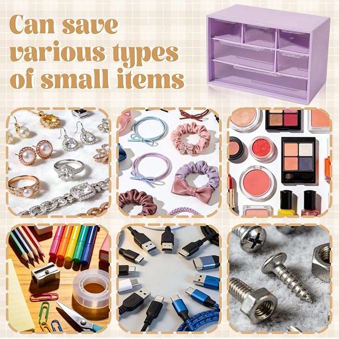 Briwooody 6 Pack Craft Drawer Organizer with 6 Clear Drawers 7.09" x 3.94" x 4.72" Stackable Suspension, Small Storage Drawers for Office, Classrooms, and Home Desk Organization, Purple
