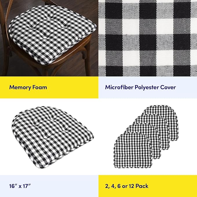 Sweet Home Collection Chair Cushion Memory Foam Pads Tufted Slip Non Skid Rubber Back U-Shaped 17" x 16" Seat Cover, 6 Pack, Checkered Black/White, Pack of 6