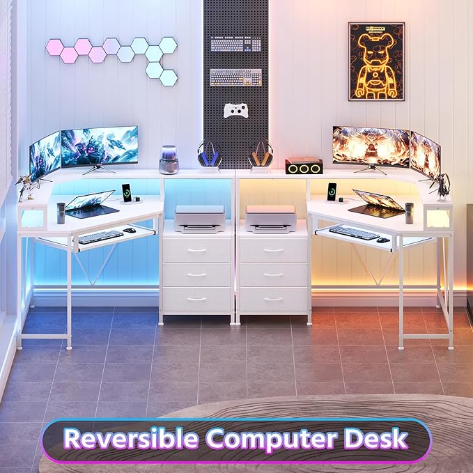 YOMILUVE Small Corner Desk with Drawers, Corner Gaming Desk with Power Outlets & Printer Shelf for Small Space, Triangle Computer Desk with LED Lights, Keyboard Tray and Monitor Stand, White