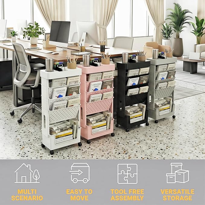 5-Tier Mobile Bookshelf, Rolling Bookcase Book Storage Rack, Movable File Folder Organizer Cart with Wheels for Home Study Office Living Room Classroom, White