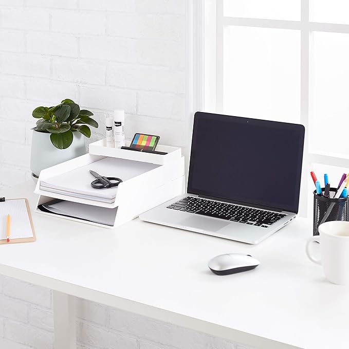 Amazon Basics Rectangular Plastic Desk Organizer, Half Accessory Tray for Office Supplies and Workspace Organization, 9.4" x 3.3" x 1", White (Pack of 2)