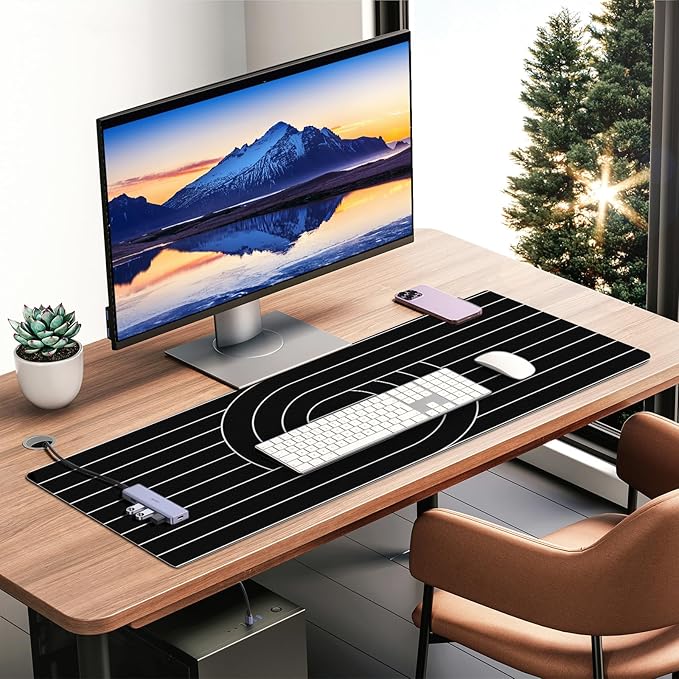 Large Office Leather Desk Mat, 35.4" x 15.7" Non-Slip Desk Blotter Pad, Waterproof Laptop Desk Mat, Desktop Protector and Cover, Writing Mat for Office and Home (Black, Line)