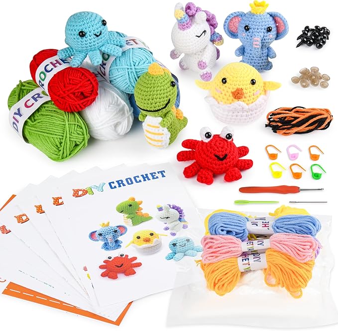 MINGOMINGO Crochet Kit for Beginners Kids - 6 Animal Amigurumi, Mother's Day Birthday Craft Gift Set, Step-by-Step Video Tutorials, 40%+ Yarn, Knitting Starter Kit for Girls Women Adults