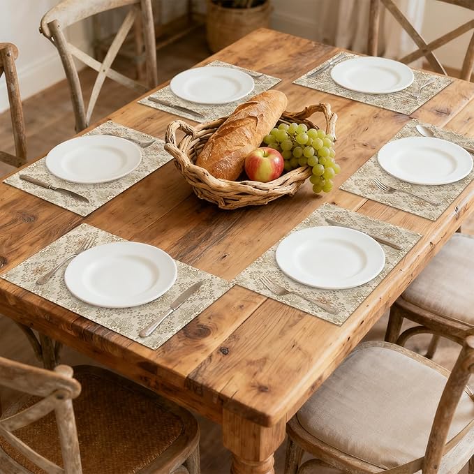 Elegant Beige and Brown Floral Pattern Table Placemats Set of 6, Linen Placemats 12x18 Inch, Washable Non Slip Heat Resistant Mats for Dining Table Kitchen Indoor Use