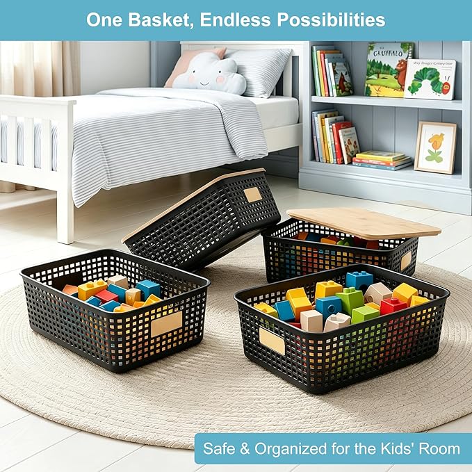 Bagnizer 4 Pack Plastic Storage Bins with Bamboo Lids, 6.2qt Stackable Storage Organizer Box with Lable for Pantry Shelves Drawers Desktop Office, 12"L x 8.5"W x 3.5"H, Black
