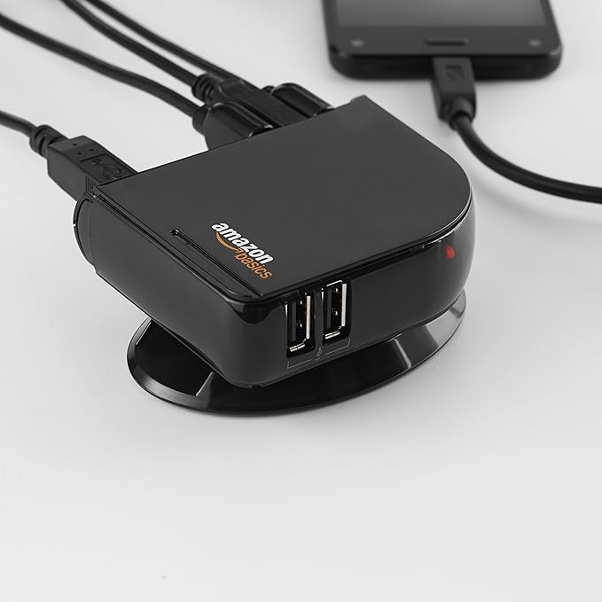 Amazon Basics 7-Port USB 2.0 Hub Tower for Laptop and PC, USB Splitter with 5V/4A Power Adapter, 2 Fast Charging Ports, Plug and Play, Black