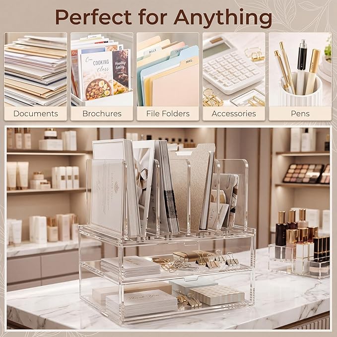 Ripeng Acrylic Desk Organizer with 2 Drawers, Vertical File Holder with 5 Detachable and Adjustable Dividers, Clear Desk Organizers and Accessories for Home, Office, School