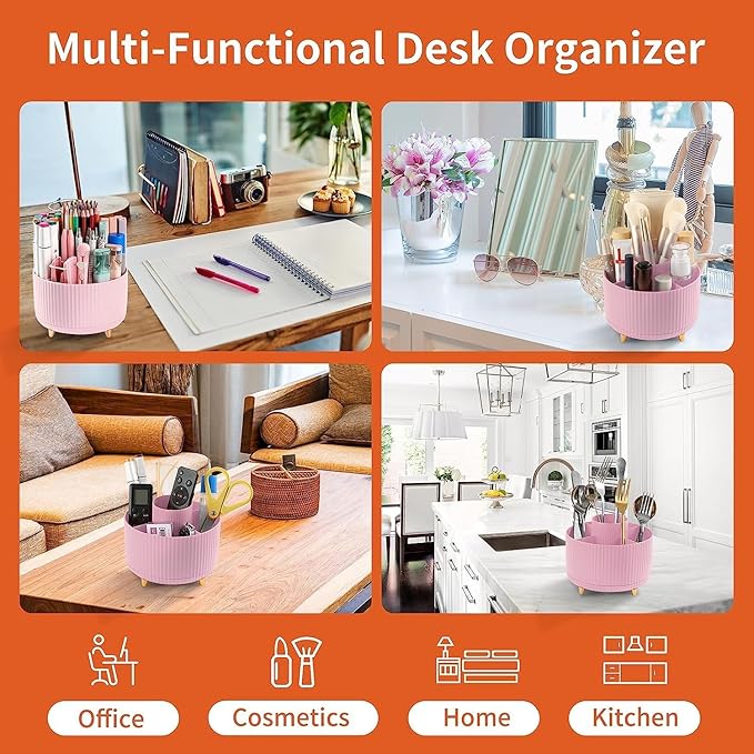 Pencil Pen Holder for Desktop, 360 Degree Rotating Pencil Holder for Desk Organizer, 5 Slots Rotating Desk Pen Organizer for Office School Home, Pink