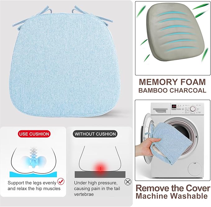 SINOSSO 6 Pack Memory Foam Chair Cushions for Dining Chairs, Friendly Woven Fabric 16" U-Shape Comfortable Kitchen Chair Pads, Removable Slip Resistant Seat Cushions (Set of 6, Water Blue)