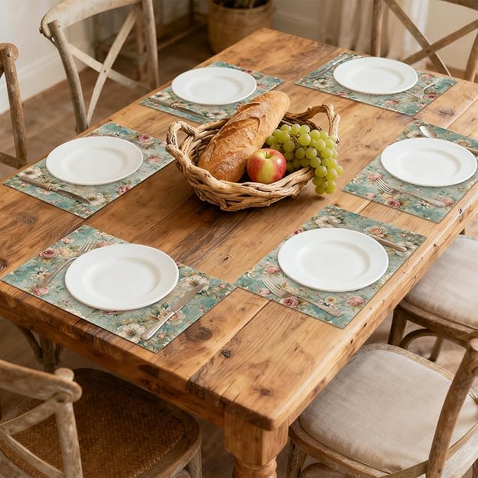 Linen Placemats Set of 6, Pink Flowers Leaves Washable Table Mats 12x18 Inch, Heat Resistant Non Slip Placemats for Dining Table Kitchen Everyday Use