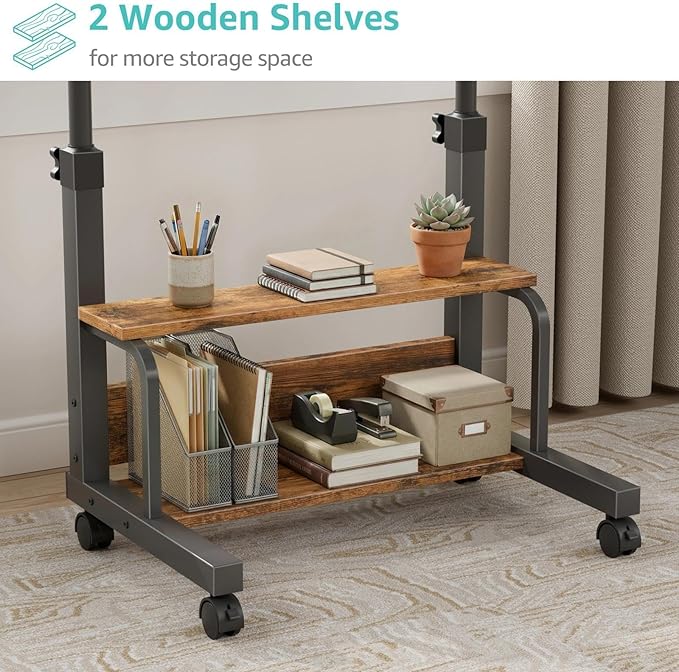 WINAZ C Shaped Rolling Laptop Desk - 32" Rustic Brown Mobile Portable Small Desk with Wheels for Small Spaces, Height Adjustable Overbed Table with 2-Tier Storage Shelves