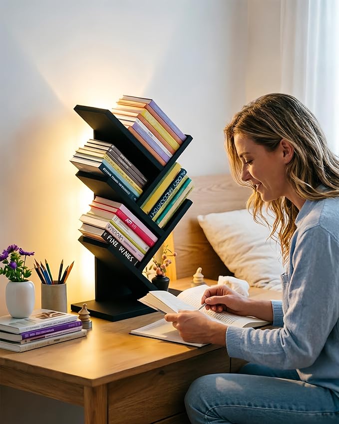 Godferyxin Bookshelf with Liting,Small Bookshelf LED and Desktop Book Shelf Light for Office, Home or School Mini Bookcase for Wood Displaying Books, CDs, Magazines Wood Shelf Rack