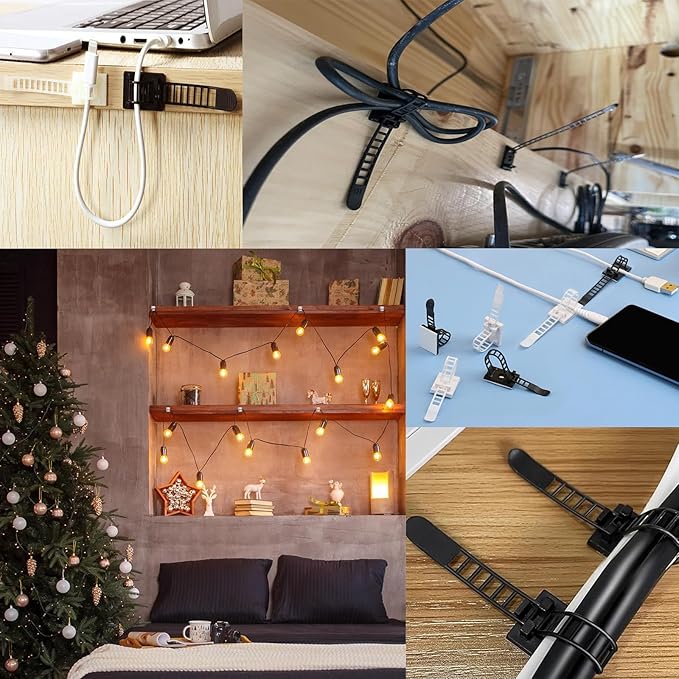 Adjustable Adhesive Cable Management Clips 100Pcs, Large self Adhesive Cable Ties Clips ,Suitable for Cable Management Under desks and on Walls(Black)