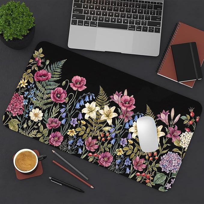 Cute Desk Mat, Black Floral Plants Large Mouse Pad for Desktop, PU Leather Waterproof Desk Pad, Anti-Slip Computer PC Laptop Protector Gaming Mouse Pads for Office Home Decorations (23.6" x 11.8")