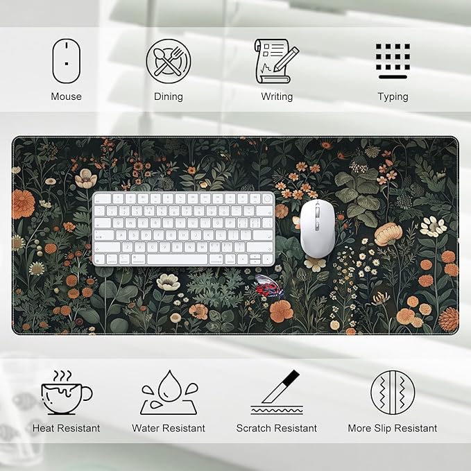 DINKY Leather Desk Mat, XXL Large Gaming Mouse Pad, Extended Desktop Decor Desk Pad, 35.4" x 15.7" Cute Floral Mouse Mat for Laptop, Keyboard, Vintage Flowers