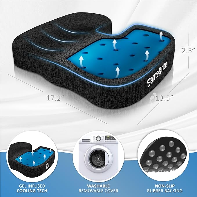 Samsonite Gel Infused Seat Cushion โ Ergonomic Cushion for Office Chair, Tailbone Pressure Pad, Coccyx Support for Sciatica, Memory Foam Seat for Car, Desk, or Gaming Chair Use, Black