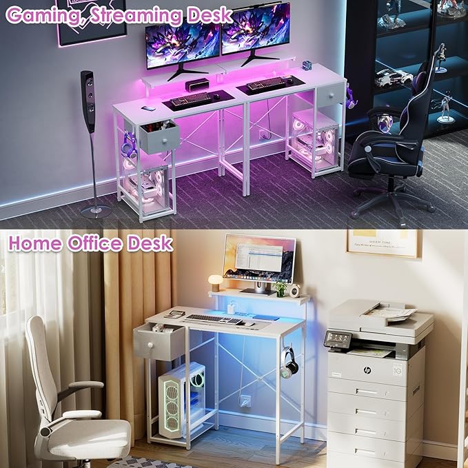 X-cosrack 33.5" Small Computer Desk with LED Lights & Outlets, Small Gaming Desk with Monitor Stand & CPU Stand, Teen Study Writing Table with Storage Drawer, Side Hooks for Bedroom, Home Office White