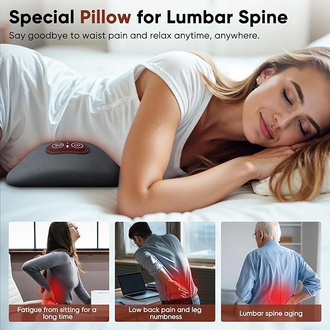 3 in 1 Upadate Rechargeable Electric Lumbar Support Pillow with Adjustable Height for Bed and Chair,Cordless Back Massager for Pain Relief Deep Tissue,Back Massager with Heat for Home & Office