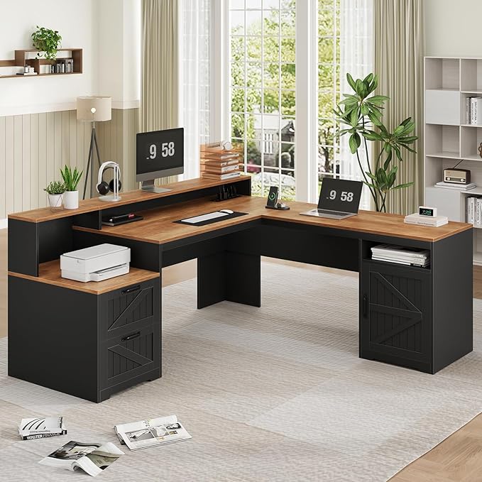 YOMILUVE 63" Farmhouse L Shaped Executive Desk with Drawers & Storage Shelf, Corner Computer Desk with Power Outlets, L Shaped Office Desk with Monitor Stand, Printer Shelf, Brown and Black