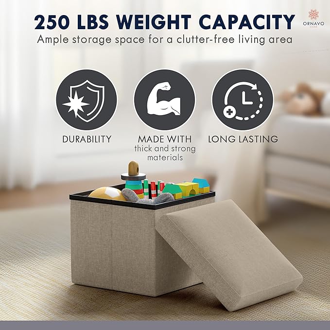 Ornavo Home Small Storage Ottoman Foldable Collapsible Cube Square Linen Ottoman Foot Rest Stool Seat, for Living Room, Bedroom, Home Office, Dorm - 12 x 12 x 12, Taupe
