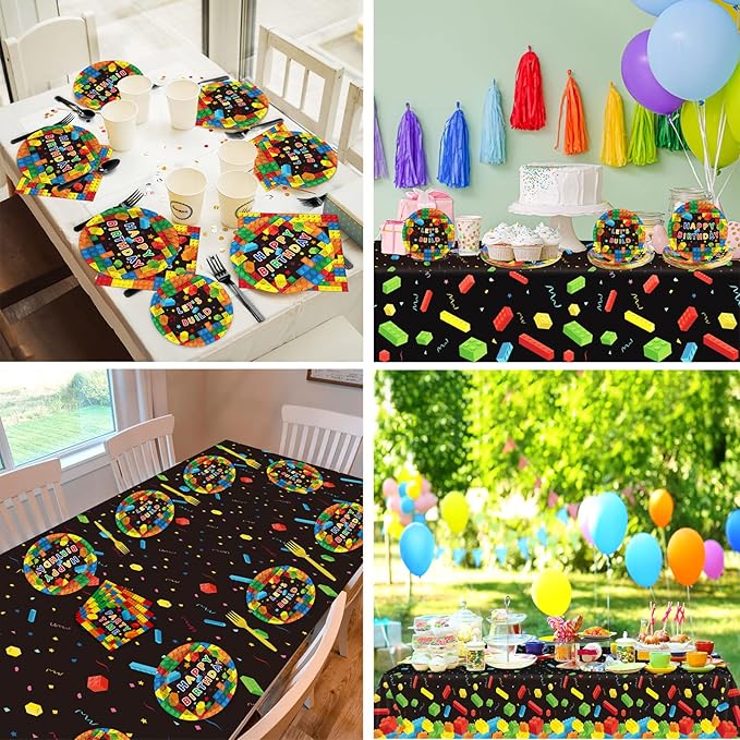 gisgfim Building Blocks Party Tableware Kit for 24 Guests Colorful Blocks Theme Birthday Party Decorations Kids Blocks Party Table Supplies Includes Plates, Napkins, Tablecloths