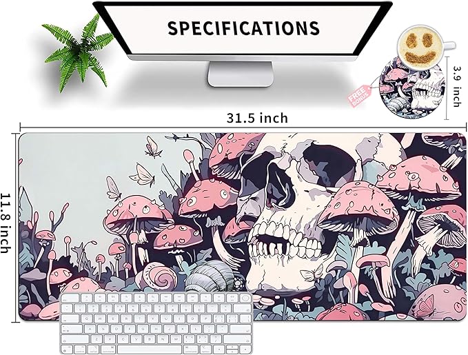 Extended Mouse Pad with Coaster 31.5 x 11.8 Desk Pad Full Desk Mousepad Stitched Edges Desk Mat Long Large Gaming Mouse Pad for Desk Office Home Floral Skull