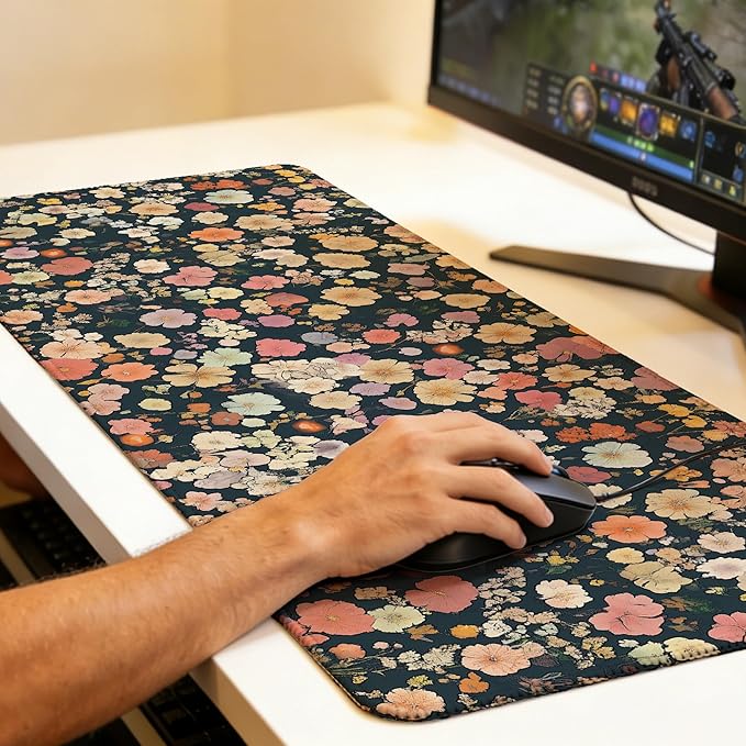 Colorful Floral Mouse Pad,35.4 x 15.7 Inch Large Mouse Mat Non-Slip Rubber Stitched Edges for Writing Desk,Office,Home,Laptop