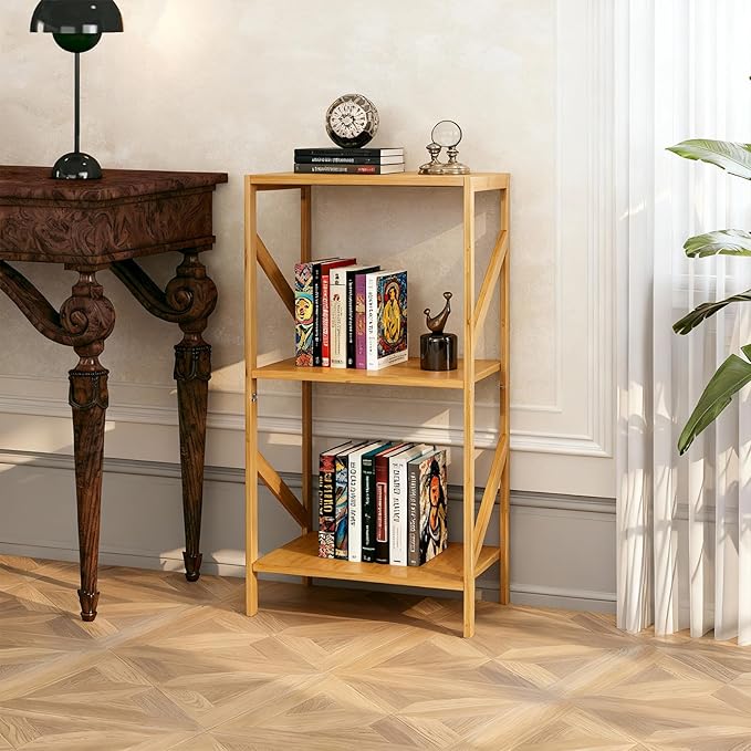 Bamboo Bookshelf, 3 Tier Rustic Style Bookcase, Multifunctional Narrow Shelving Unit Storage Rack for Living Room, Garage, Kitchen, Office, Bookroom, Bedroom, 42 x 30 x 80 cm (3 Tier)